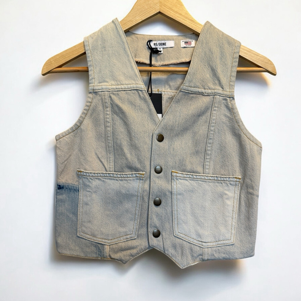 RE/DONE Denim Vest Natural Sedona V-Neck Patch Pockets‎ Snap Closure Size XS NWT